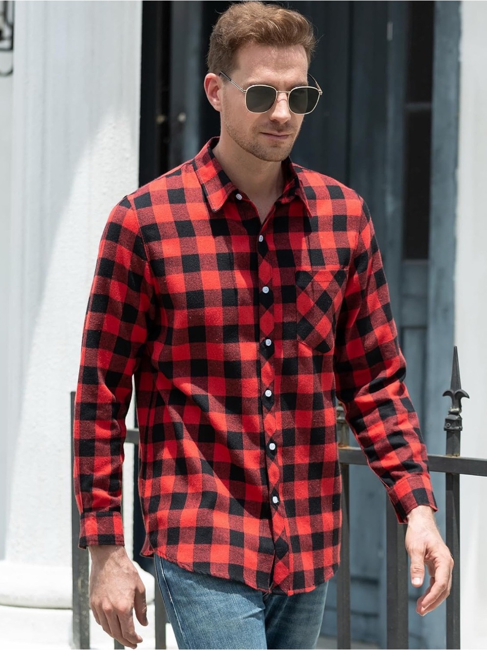 Men’s Red/Black Cotton Blend Checkered Flannel Long Sleeve Shirt